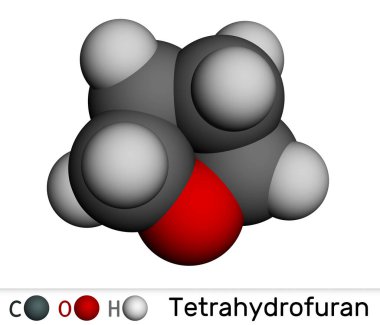 Tetrahydrofuran, THF, oxolane organik çözücü molekül. Moleküler model. 3 boyutlu görüntüleme. Görüntü