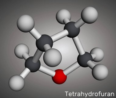 Tetrahydrofuran, THF, oxolane organic solvent molecule. Molecular model. 3D rendering. Illustration clipart