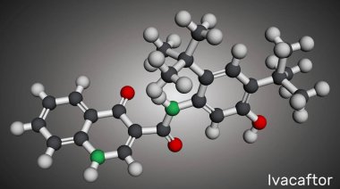 Ivacaftor molekülü. Kistik fibrozis tedavisinde kullanılır. Moleküler model. 3 boyutlu görüntüleme. Görüntü