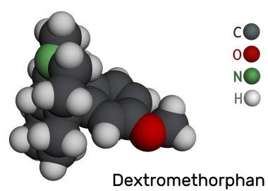 Dextromethorphan (DXM) molekülü. Anti-Tusif ilaç. Moleküler model. 3 boyutlu görüntüleme. Görüntü