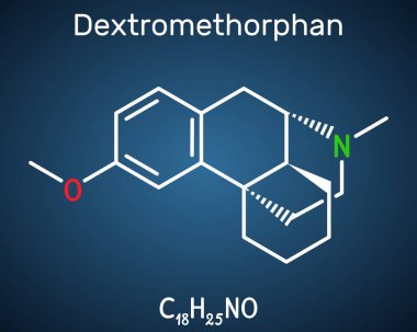 Dextromethorphan (DXM) molecule. Antitussive drug. Structural chemical formula, dark blue background. Vector illustration clipart