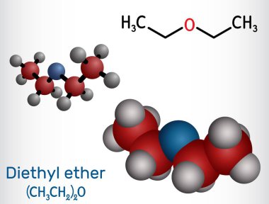 Diethyl ether, ethoxyethane molecule. It is. Chemical structure and molecular model. Vector illustration clipart