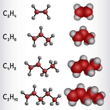 Homologous series of alkenes. Ethene, propene, butene, pentene molecular structures and models. Vector illustration clipart