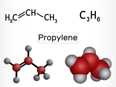 Propilen alken molekülü. Propenin yapısal ve 3 boyutlu moleküler modeli (C3H6). Vektör illüstrasyonu