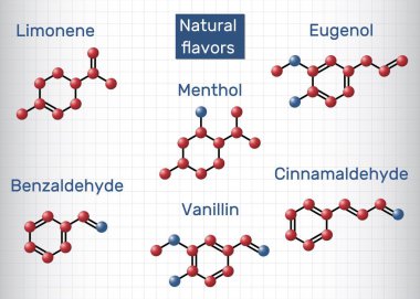 Doğal tat molekülleri. Limonen, mentollü, öjenollü, benzaldehit, vanilyalı ve tarçınlı kimyasallar. Vektör illüstrasyonu