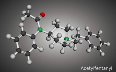Asetilfentanil molekülü. Fentanil ailesinden sentetik opioid ağrı kesici. Moleküler model. 3 boyutlu görüntüleme. Görüntü