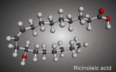 Ricinoleik asit molekülü. Hint yağında bulunan doymamış yağ asidi. Moleküler model. 3 boyutlu görüntüleme. Görüntü