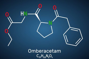 Omberasetam molekülü. Yarış ailesinden sentetik nootropik bileşik. Koyu mavi arkaplanda yapısal kimyasal formül. Vektör illüstrasyonu