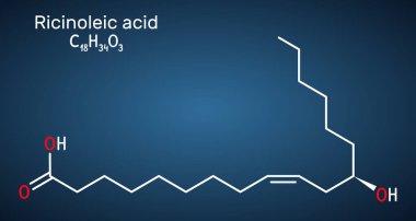 Ricinoleik asit molekülü. Hint yağında bulunan doymamış yağ asidi. Yapısal kimyasal formül, koyu mavi arkaplan. Vektör illüstrasyonu