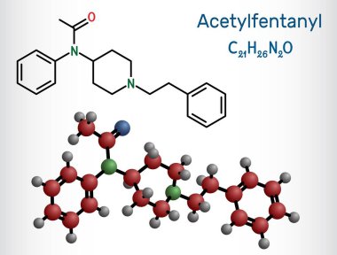 Asetilfentanil molekülü. Fentanil ailesinden sentetik opioid ağrı kesici. Yapısal kimyasal formül ve molekül modeli. Vektör illüstrasyonu