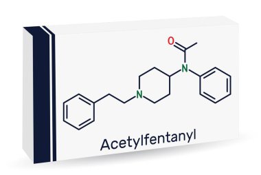 Asetilfentanil molekülü. Fentanil ailesinden sentetik opioid ağrı kesici. İskelet kimyasal formülü. Uyuşturucu için kağıt ambalaj. Vektör illüstrasyonu