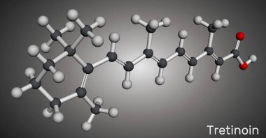 Tretinoin, ATRA molekülü. Dermatolojide kullanılan tüm trans retinoik asit. Moleküler model. 3 boyutlu görüntüleme. Görüntü