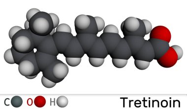 Tretinoin, ATRA molekülü. Dermatolojide kullanılan tüm trans retinoik asit. Moleküler model. 3 boyutlu görüntüleme. Görüntü