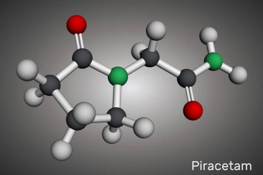 Başlık: Pirasetam molekülü. Yarış grubundan Nootropik ilaç. Bilişsel güçlendirici. Moleküler model. 3 boyutlu görüntüleme. Görüntü
