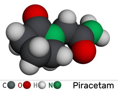 Piracetam molecule. Nootropic drug from the racetam group. Cognitive enhancer. Molecular model. 3D rendering. Illustration