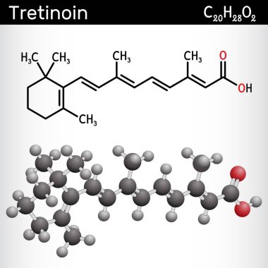 Tretinoin, ATRA molekülü. Dermatolojide kullanılan tüm trans retinoik asit. Yapısal kimyasal formül, molekül modeli. Vektör illüstrasyonu
