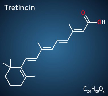 Tretinoin, ATRA molekülü. Dermatolojide kullanılan tüm trans retinoik asit. Yapısal formül, koyu mavi arkaplan. Vektör illüstrasyonu
