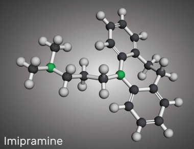 Imipramine molekülü. Trisiklik antidepresan, depresyonu tedavi etmek için TCA. Moleküler model. 3 boyutlu görüntüleme. Görüntü