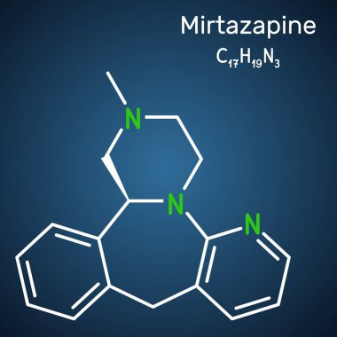 Mirtazapine molekülü, koyu mavi arka plan. Tetrasiklik antidepresan. Vektör bilimsel illüstrasyon