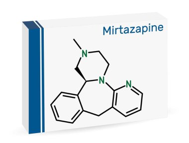 Mirtazapine molekülü. Tetrasiklik antidepresan. İskelet kimyasal formülü. Uyuşturucu için kağıt ambalaj. Vektör illüstrasyonu 