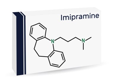 Imipramine molekülü. Trisiklik antidepresan, depresyonu tedavi etmek için TCA. İskelet kimyasal formülü. Uyuşturucu için kağıt ambalaj. Vektör illüstrasyonu