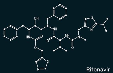 Ritonavir molekülü. HIV enfeksiyonu ve AIDS 'in tedavisinde kullanılan antiretroviral bir ilaç. Yapısal kimyasal formül, koyu mavi arkaplan