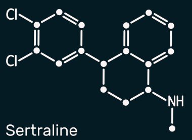 Sertraline molekülü. Seçici serotonin alma inhibitörü, SSRI antidepresan. Koyu mavi arka plan. Yapısal kimyasal formül