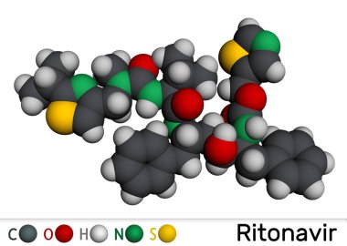 Ritonavir molekülü. HIV enfeksiyonu ve AIDS 'in tedavisinde kullanılan antiretroviral bir protein inhibitörü. Moleküler model. 3 boyutlu görüntüleme. Görüntü.