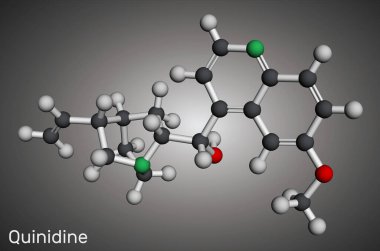 Kinin molekülü. Antiaritmik bir ilaç, cyp2d6 inhibitörü. Moleküler model. 3 boyutlu görüntüleme. Görüntü 