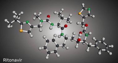 Ritonavir molekülü. HIV enfeksiyonu ve AIDS 'in tedavisinde kullanılan antiretroviral bir protein inhibitörü. Moleküler model. 3 boyutlu görüntüleme. Görüntü.