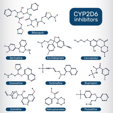 CYP2D6 inhibitörü. Terbinafine, cannabidiol, escitalopram, fluoxetine, quinidine, duloxetine, sertraline, bupropion, methylphenidate, ritonavir molekülü. Vektör bilimsel illüstrasyon