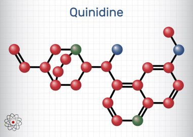 Kinin molekülü. Antiaritmik bir ilaç, cyp2d6 inhibitörü. Moleküler model. Kafesteki bir kağıt parçası. Vektör illüstrasyonu