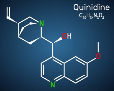 Kinin molekülü. Antiaritmik bir ilaç, cyp2d6 inhibitörü. Yapısal kimyasal formül, koyu mavi arkaplan. Vektör illüstrasyonu