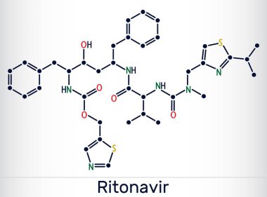 Ritonavir molekülü. HIV enfeksiyonu ve AIDS 'in tedavisinde kullanılan antiretroviral bir ilaç. Yapısal kimyasal formül