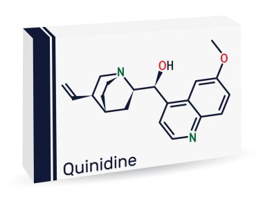 Kinin molekülü. Antiaritmik bir ilaç, cyp2d6 inhibitörü. İskelet kimyasal formülü. Uyuşturucu için kağıt ambalaj. Vektör illüstrasyonu
