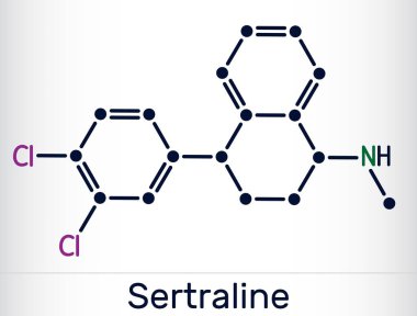 Sertraline molekülü. Seçici serotonin alma inhibitörü, SSRI antidepresan. Yapısal kimyasal formül