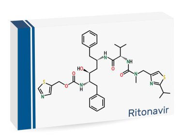 Ritonavir molekülü. HIV enfeksiyonu ve AIDS 'in tedavisinde kullanılan antiretroviral bir ilaç. Uyuşturucu için kağıt ambalaj. Vektör illüstrasyonu 