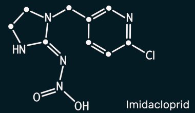 Ben bir molekülün ortasındayım. Tarım ve haşere kontrolünde kullanılan neonicotinoid böcek ilacı. Koyu mavi arka plan. Görüntü