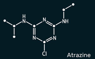 Atrazin molekülü. Ot kontrolü için tarımda kullanılan Triazin herbisit. Yapısal kimyasal formül, koyu mavi arkaplan. Görüntü