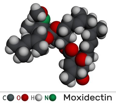 Moxidectin makrosiklik laktik ilaç molekülü. Veteriner tıbbında parazit önleyici olarak kullanılır. Moleküler model. 3 boyutlu görüntüleme. Görüntü