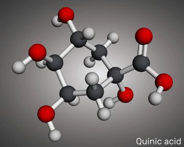 Kinin asit molekülü. Antioksidan ve antiinflamatuar özellikleri olan doğal bitkisel bileşik. Moleküler model. 3 boyutlu görüntüleme. Görüntü