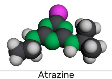 Atrazin molekülü. Ot kontrolü için tarımda kullanılan Triazin herbisit. Moleküler model. 3 boyutlu görüntüleme. Görüntü