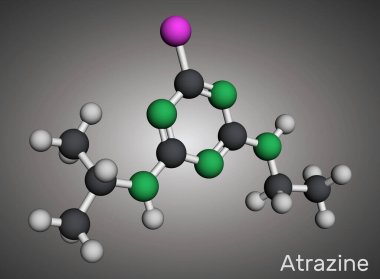 Atrazin molekülü. Ot kontrolü için tarımda kullanılan Triazin herbisit. Moleküler model. 3 boyutlu görüntüleme. Görüntü