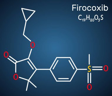 Firocoxib molekülü. Veteriner NSAID ağrı ve iltihap tedavisi için. Koyu mavi arka plan. Vektör illüstrasyonu