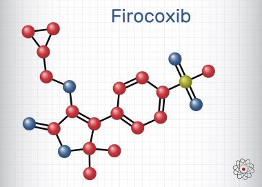 Firocoxib molekülü. Veteriner NSAID ağrı ve iltihap tedavisi için. Kafesteki bir kağıt parçası. Vektör illüstrasyonu