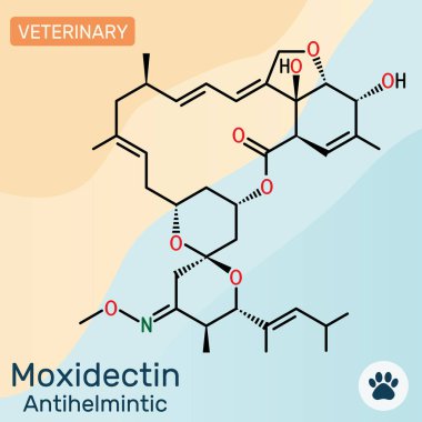 Moxidectin makrosiklik laktik ilaç molekülü. Veteriner tıbbında parazit önleyici olarak kullanılır. Vektör illüstrasyonu