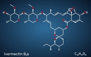 Ivermectin B1a molekülü. Veteriner ve insan tıbbında kullanılan parazit önleyici madde. Koyu mavi arka plan. Vektör illüstrasyonu