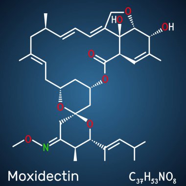 Moxidectin makrosiklik laktik ilaç molekülü. Veteriner hekimliğinde antiparazit maddesi, koyu mavi arka plan. Vektör illüstrasyonu