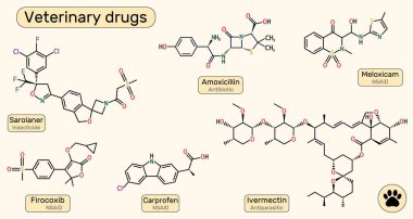 Sarolaner, amoksisilin, meloxicam, firocoxib, carprofen, ivermectin molekülü. Veteriner ilacı, antibiyotik, NSAID, böcek ilacı, antiparazit