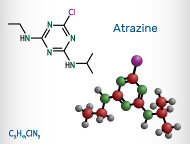 Atrazin molekülü. Ot kontrolü için tarımda kullanılan Triazin herbisit. Vektör illüstrasyonu